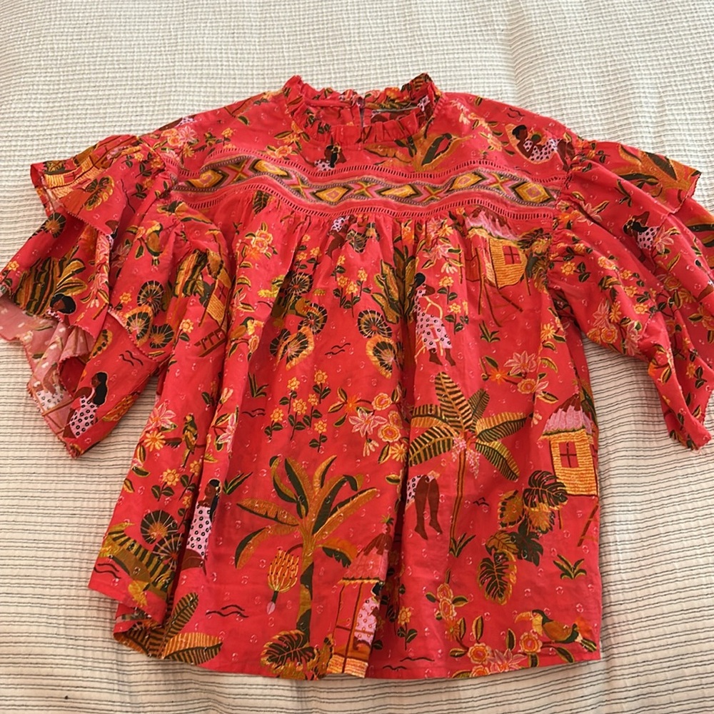 FARM Rio Secret Garden Ruffled Short-Sleeve Blouse-S - Picture 2 of 12